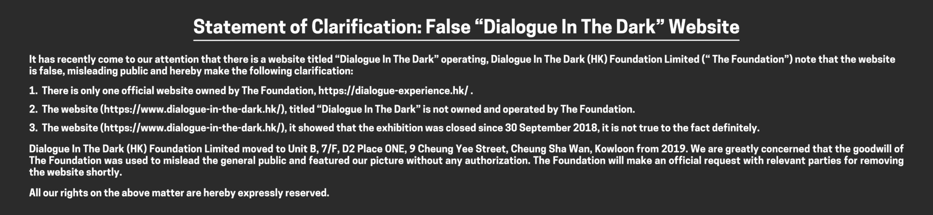 Statement of Clarification: False “Dialogue In The Dark” Website